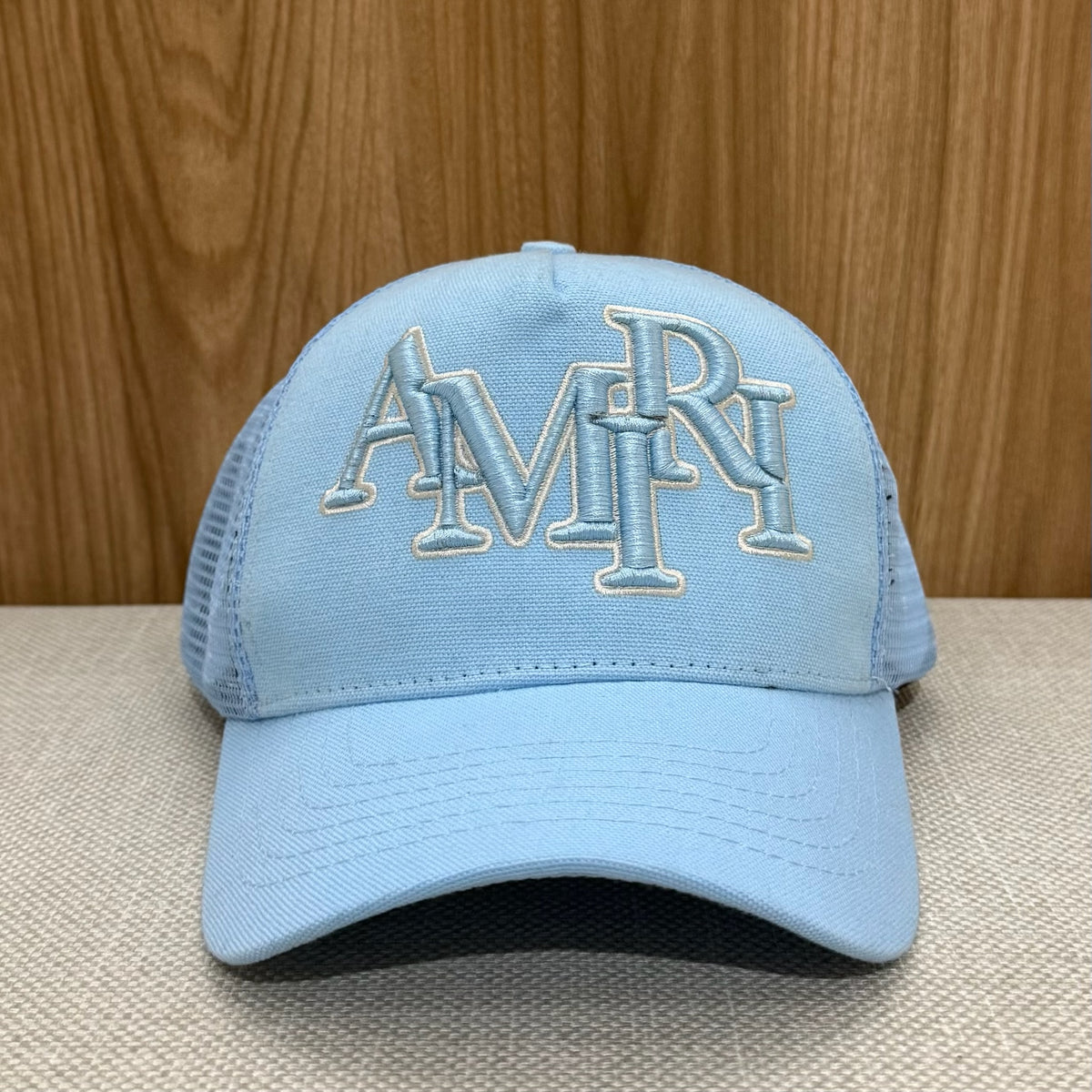 Amiri Staggered Logo Trucker Canvas Cap - Air Blue