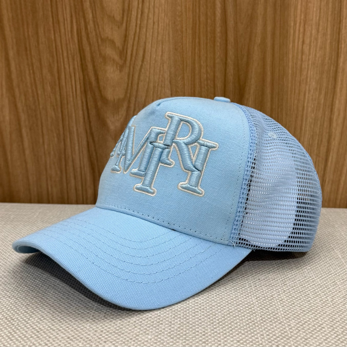 Amiri Staggered Logo Trucker Canvas Cap - Air Blue