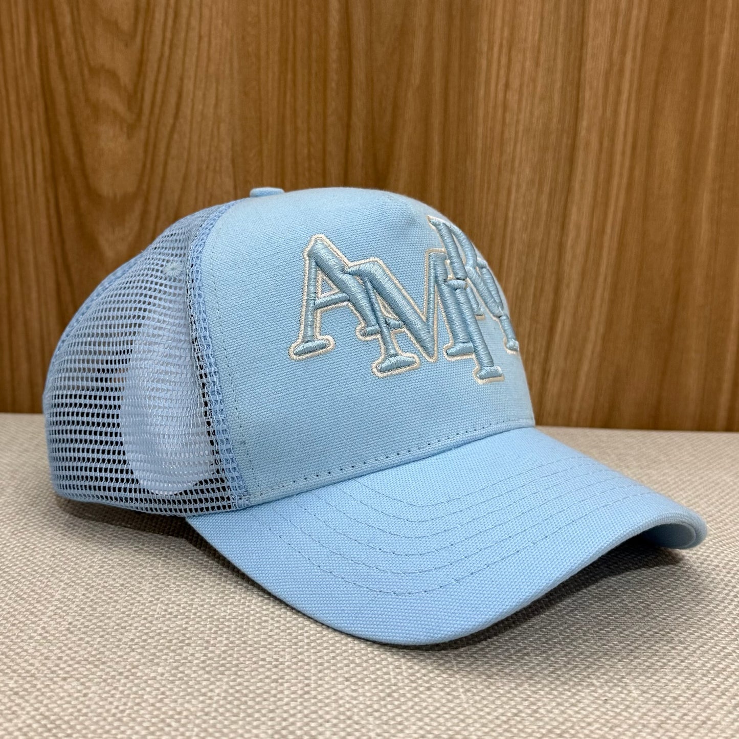 Amiri Staggered Logo Trucker Canvas Cap - Air Blue