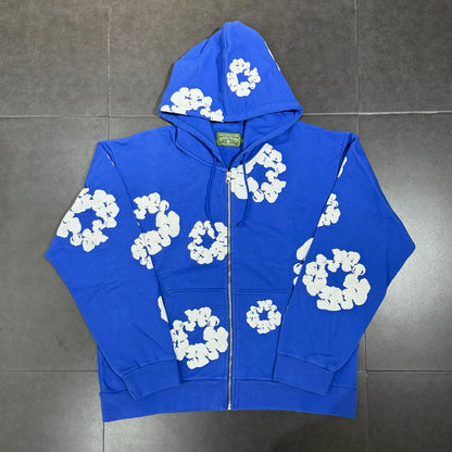 Denim Cotton Wreath Zip Hoodie - Blue
