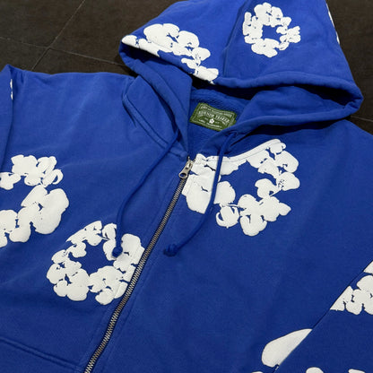 Denim Cotton Wreath Zip Hoodie - Blue