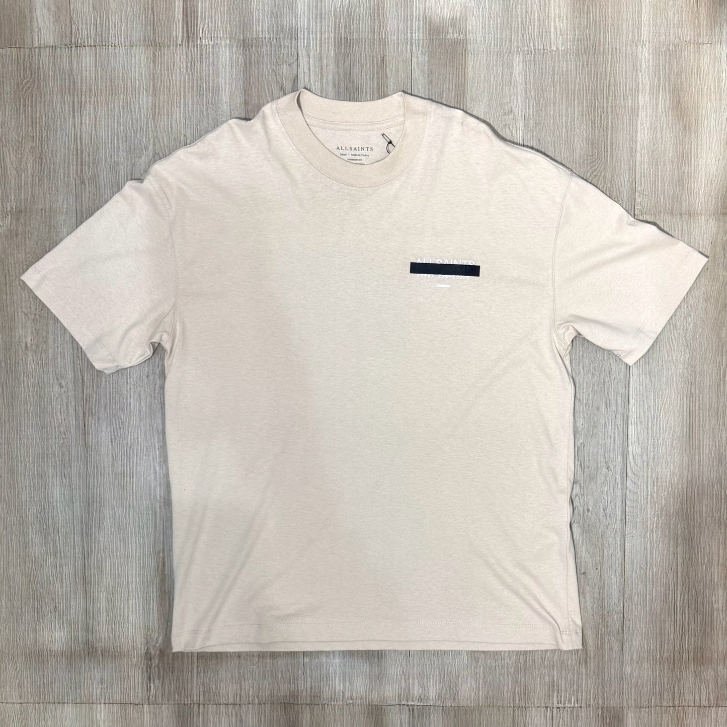 AllSaints Redact Oversized Embroidered Logo Tee - Dusty Light Brown