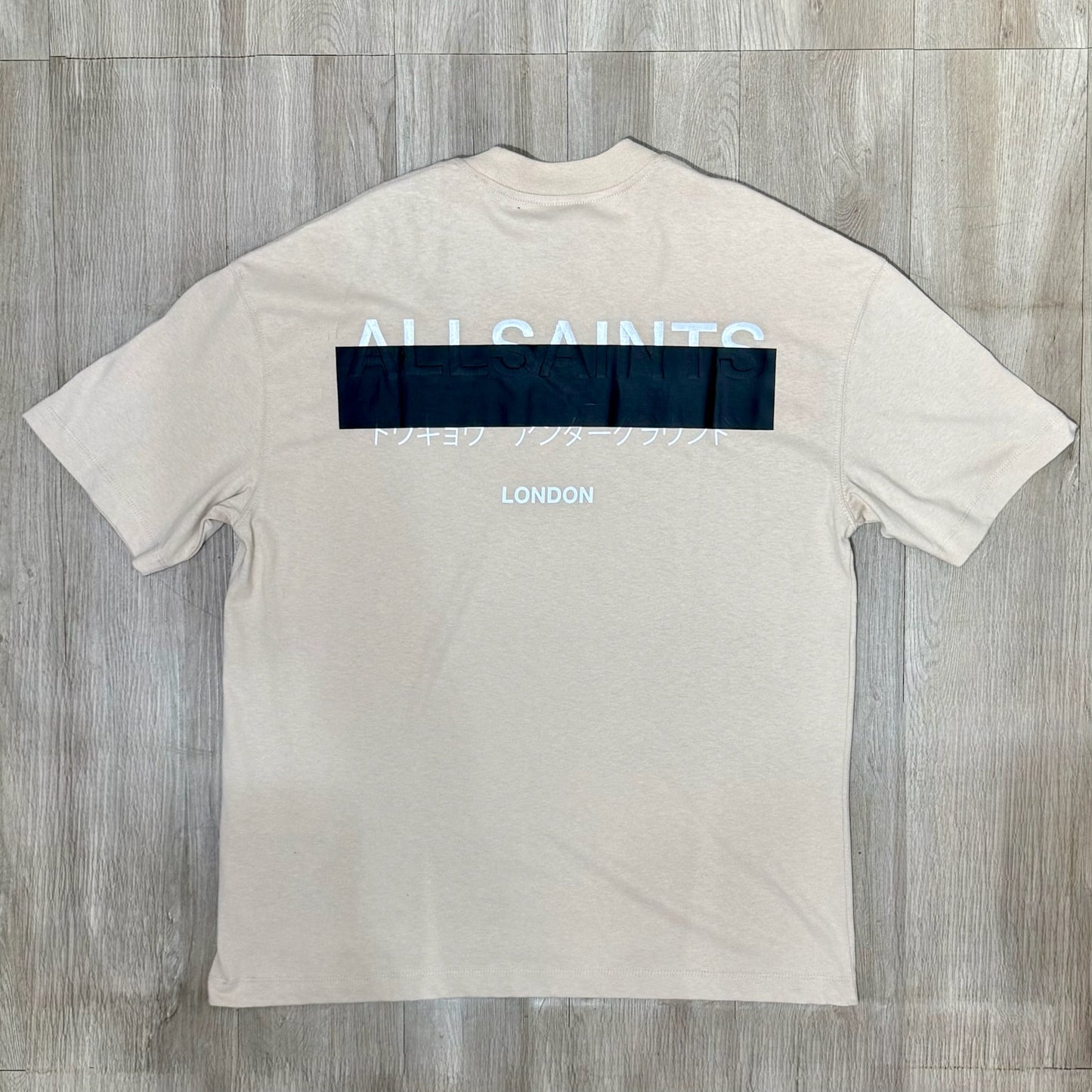 AllSaints Redact Oversized Embroidered Logo Tee - Dusty Light Brown