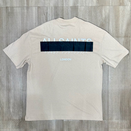 AllSaints Redact Oversized Embroidered Logo Tee - Dusty Light Brown