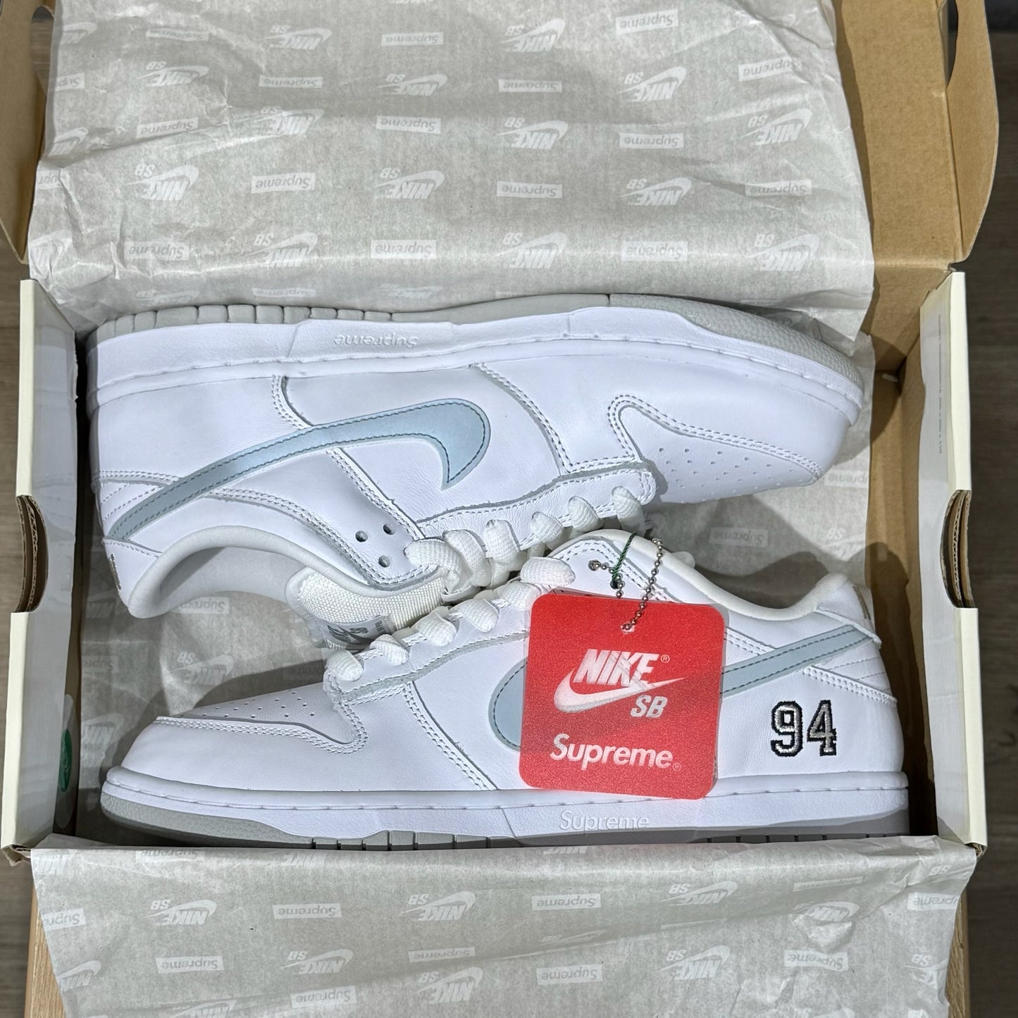 Nike SB Dunk Low x Supreme 94 - White Metallic Silver